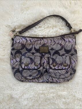 Coach Lilac and Gray Signature Shoulder Bag with Dual Front Pockets